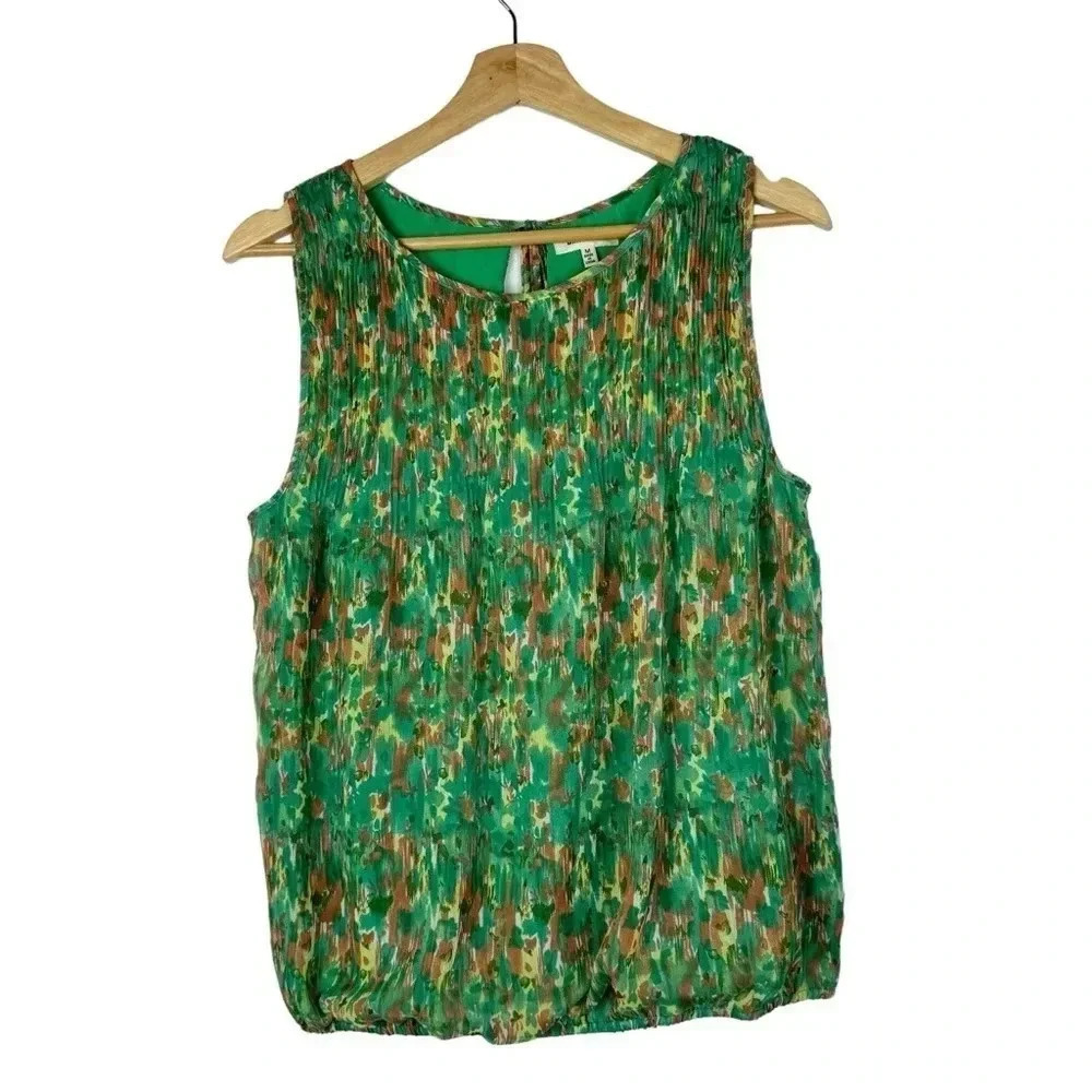 Max Studio Green Floral Pleated Sleeveless Blouse M